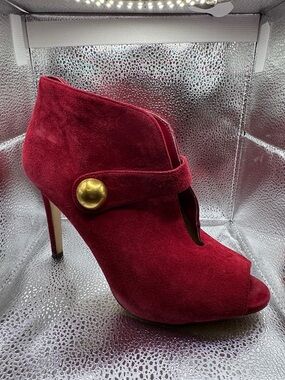 Michael Kors Red Suede Peep-Toe Ankle Boot with Gold Button